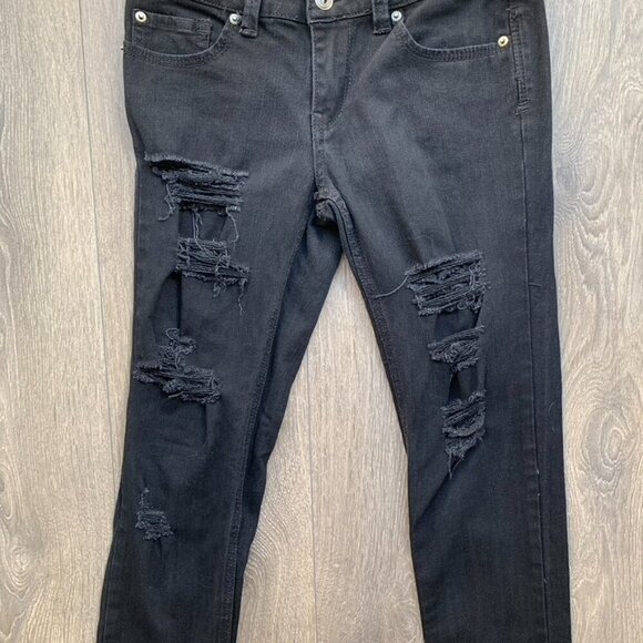 Forever 21 Black Skinny Jeans Distressed Mid rise Stretch denim Size 26 - Picture 5 of 14